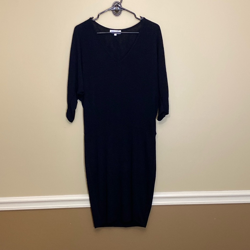 Michael Stars Avalon Black V Neck Raglan 3/4 Sleeve Dress Knee Length Size S